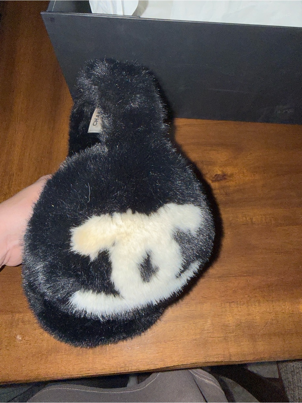 CHANEL Black and White Fur Logo Earmuffs - Picture 11 of 14